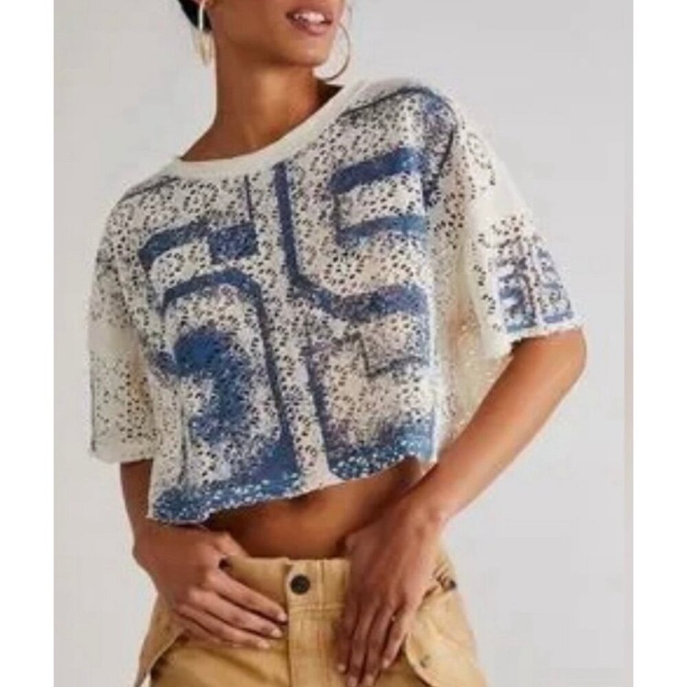 Free People We the Free 55 Touchdown Tee mesh crop top NWOT M